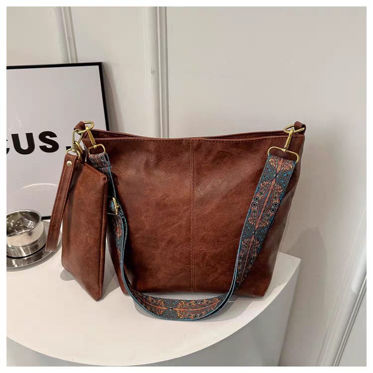 Brown PU leather Designer tote style shoulder bag 1